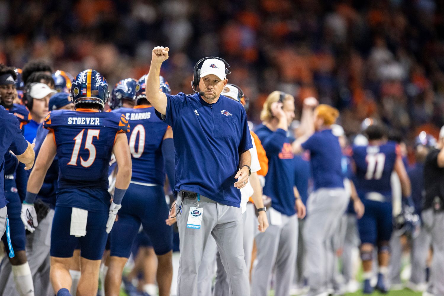Dec 3, 2021; San Antonio, TX, USA; UTSA Roadrunners head coach Jeff Traylor celebrates after his team scored a touchdown against the Western Kentucky Hilltoppers defense during the first quarter of the Conference USA championship game the Alamodome. Mandatory Credit: Ivan Pierre Aguirre-USA TODAY Sports
